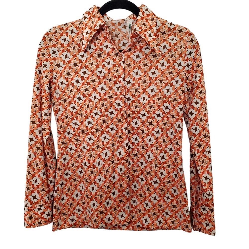 Vintage 1970s Orange & Brown Polyester Shirt Alex Colman Small Geometric Design